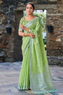 Green Soft Linen Saree With Printed Blouse