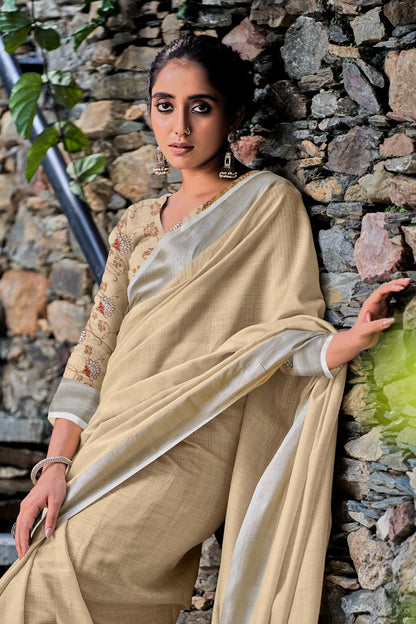 Beige Soft Linen Saree With Printed Blouse