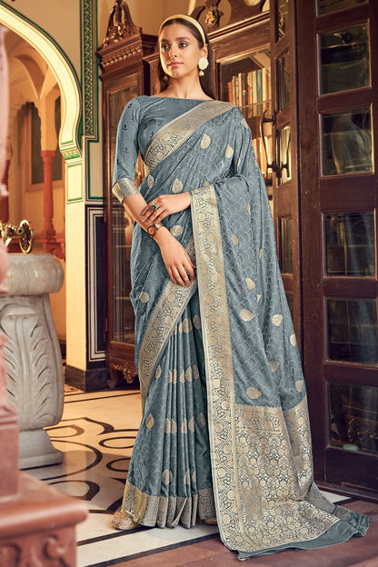 Grey Satin Silk Saree With Weaving Work