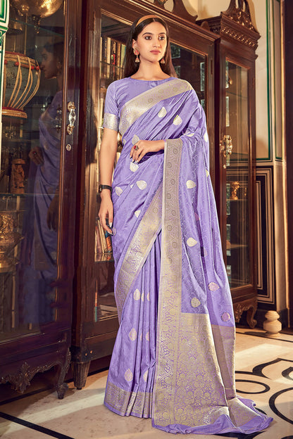 Lavender Satin Silk Saree With Weaving Work