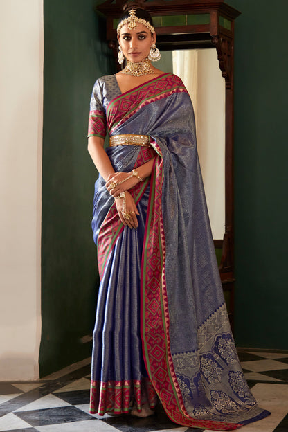 Navy Blue Kanjivaram Silk Saree With Zari Weaving Work