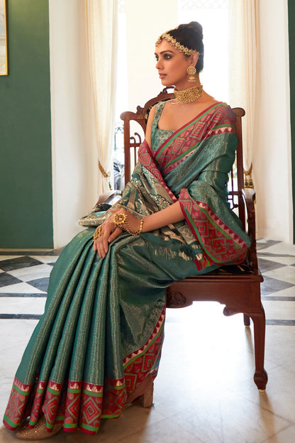 Rama Colour Kanjivaram Silk Saree With Zari Weaving Work