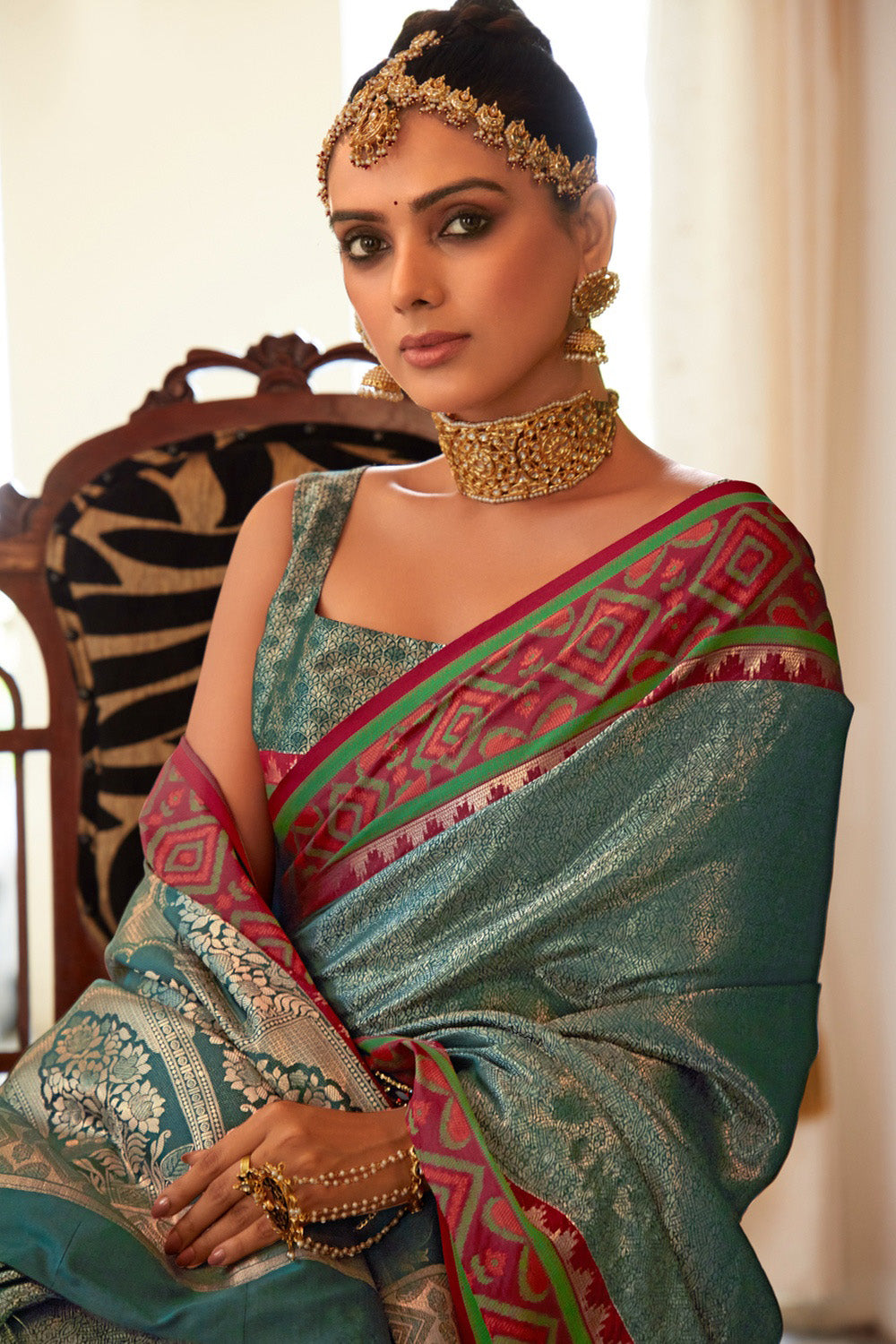Rama Colour Kanjivaram Silk Saree With Zari Weaving Work