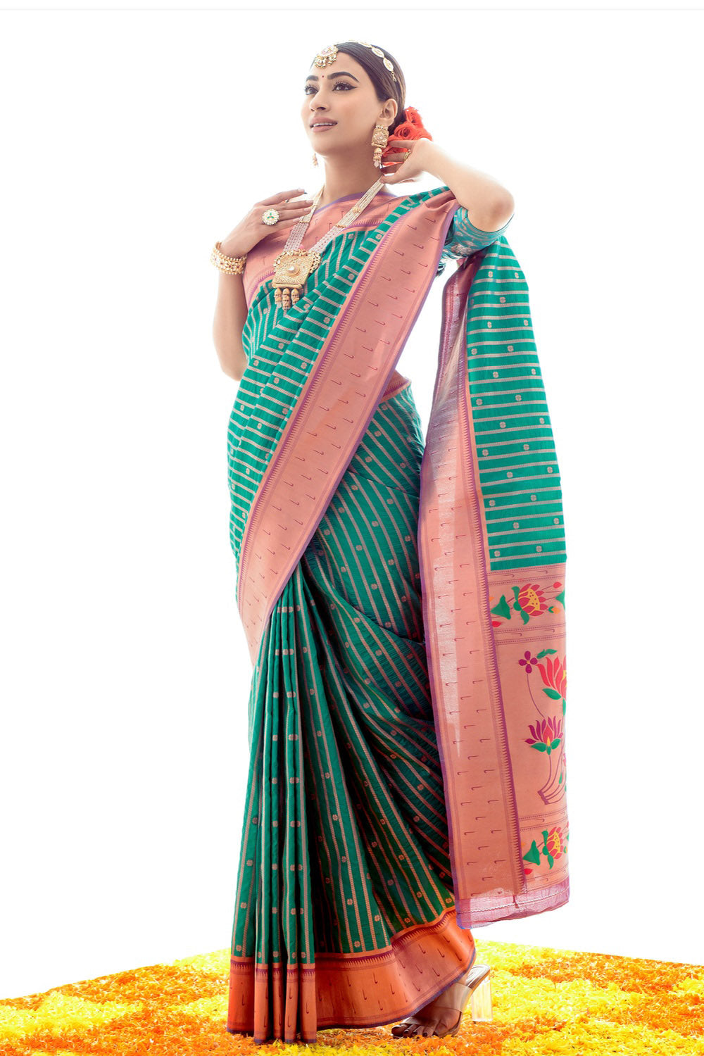 Pine Green Paithani Silk Saree With Zari Weaving Work