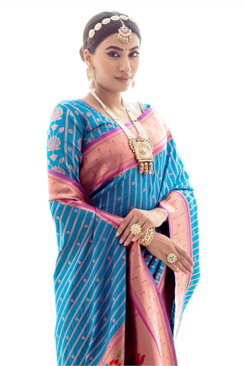 Blue Paithani Silk Saree With Zari Weaving Work
