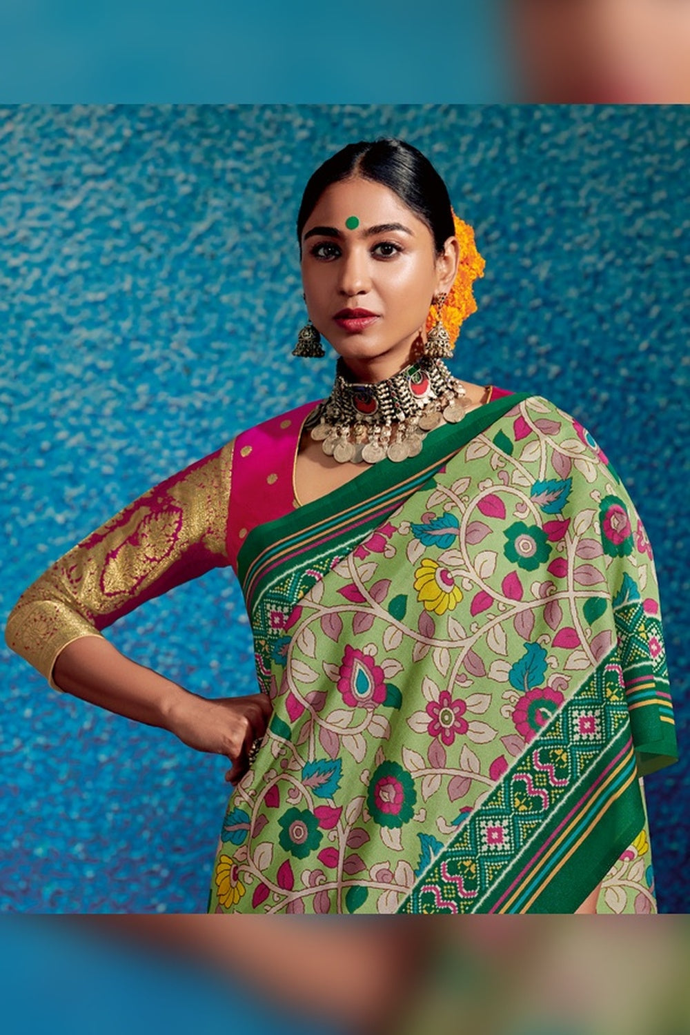 Light Green Tussar Silk With Kalamkari Printed Saree