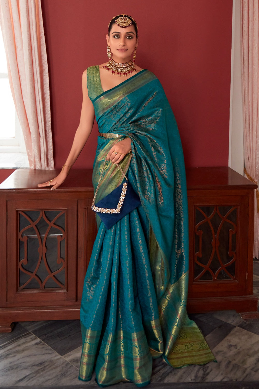 Rama Blue Kanjivaram Silk Saree With Copper Zari Weaving Work