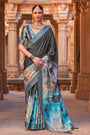 Sky Blue & Black Kalamkari Silk Saree With Weaving Border & Digital Printed Work