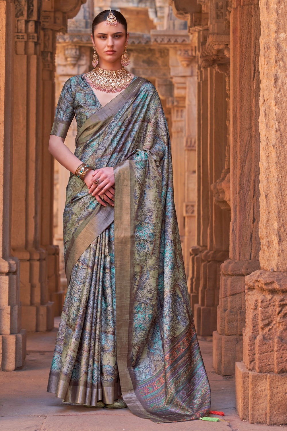 Mehendi Green Silk Saree With Weaving Border &amp; Digital Printed Work