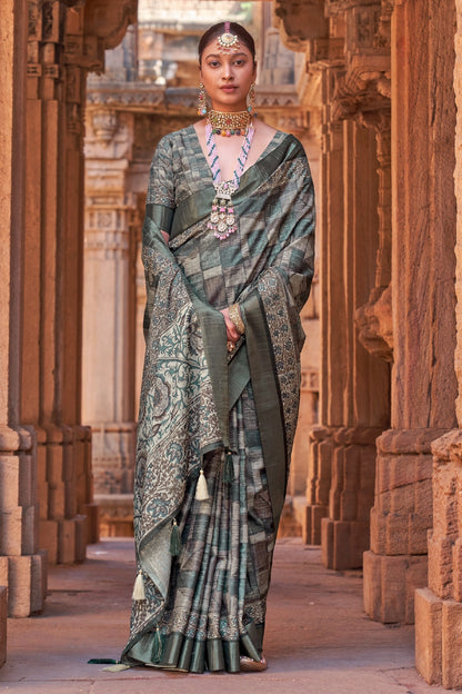 Green Silk Saree With Weaving Border &amp; Digital Printed Work
