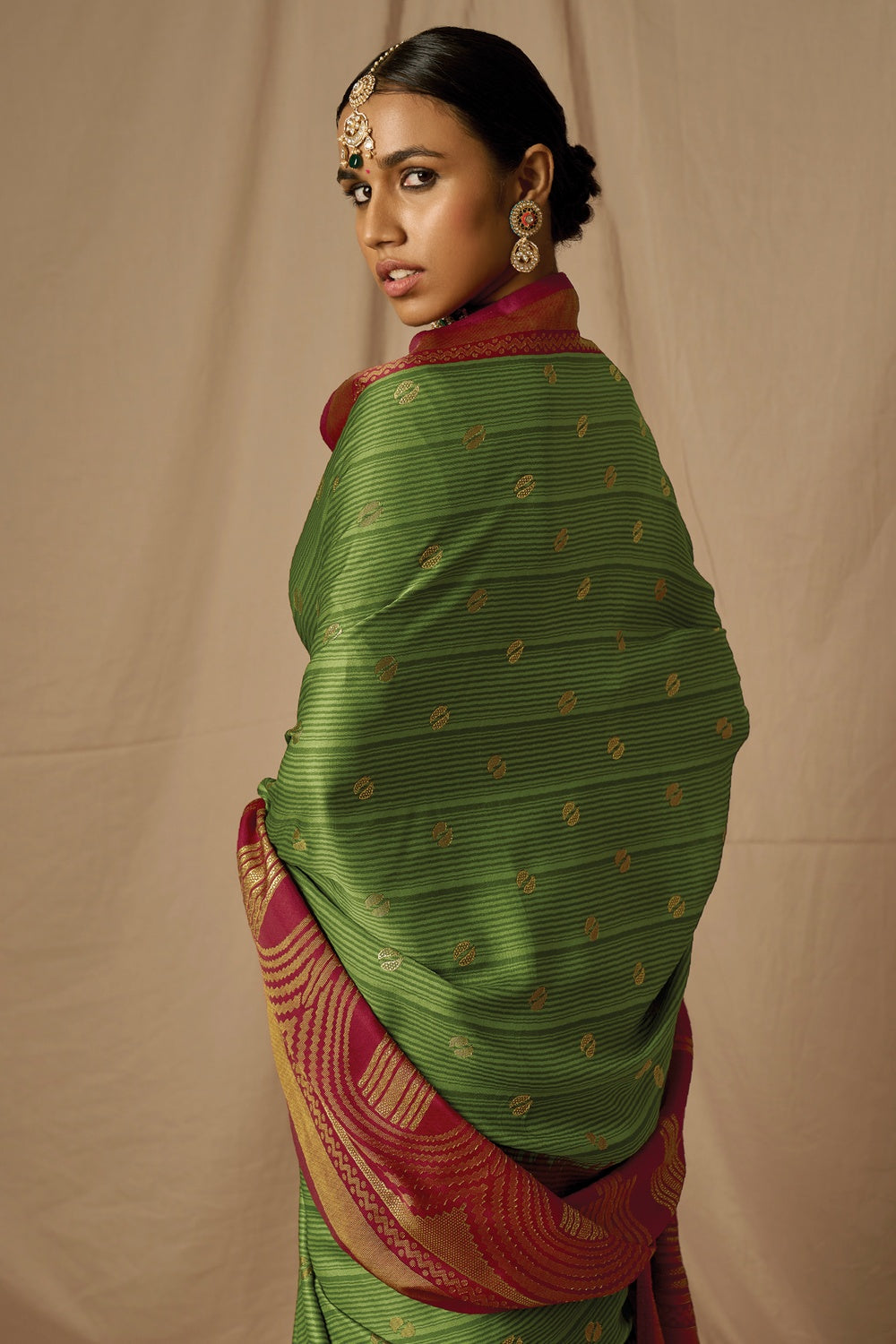 Green &amp; Maroon Brasso Saree With Weaving