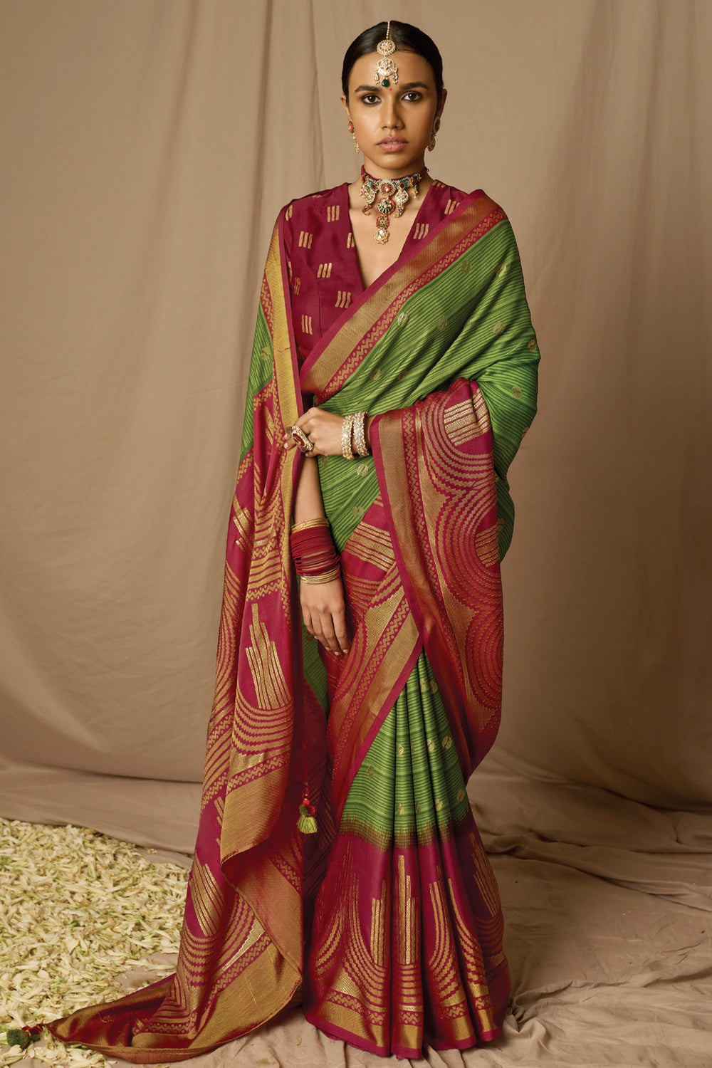 Green &amp; Maroon Brasso Saree With Weaving