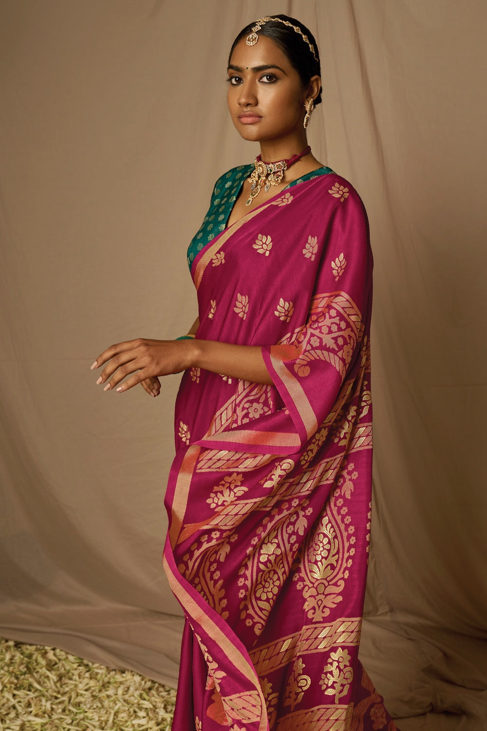 Rani Pink Brasso Saree With Weaving