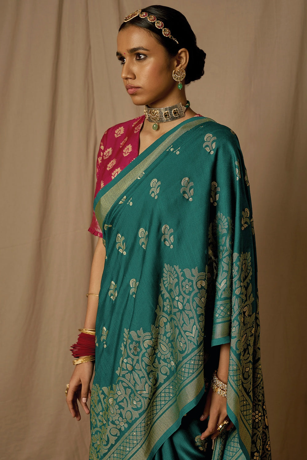 Teal Blue Brasso Saree With Weaving