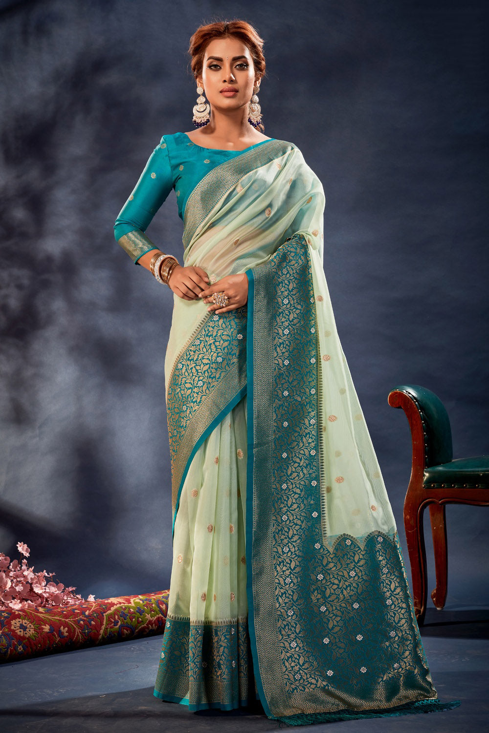Off White &amp; Rama Blue Organza Silk Saree With Weaving Work