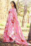 Pink Cotton Saree With Weaving Border & Printed Work