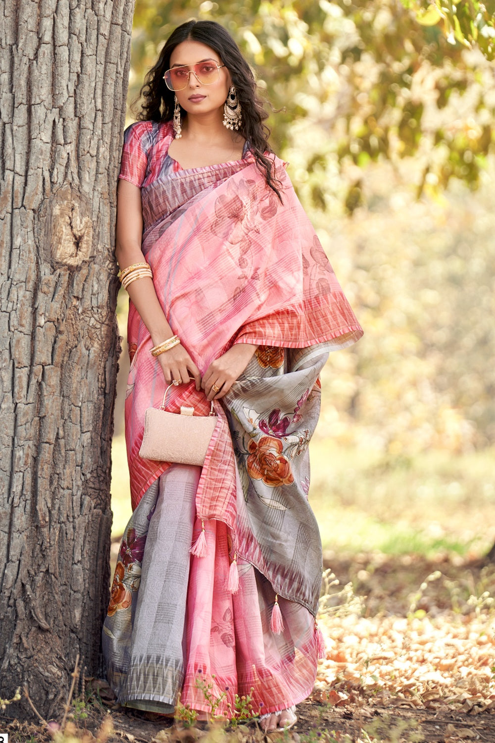 Baby Pink &amp; Gray Cotton Saree With Weaving Border &amp; Printed Work