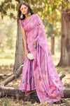 Lavender Cotton Saree With Weaving Border & Printed Work
