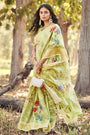 Pista Green Cotton Saree With Weaving Border & Printed Work