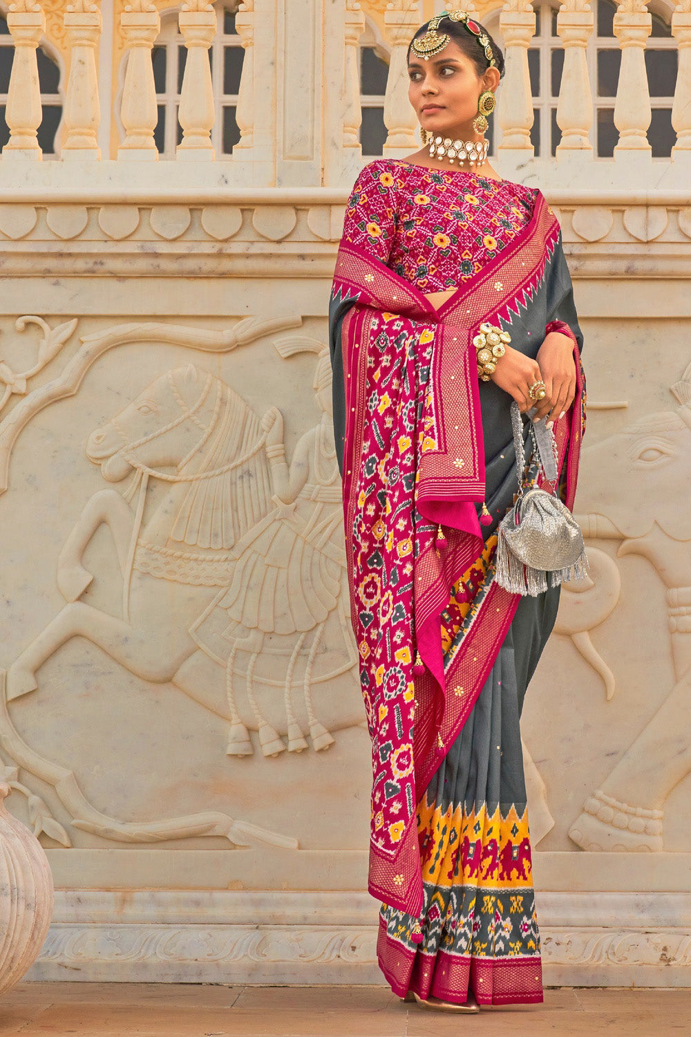 Grey &amp; Rani Pink Printed Patola Saree