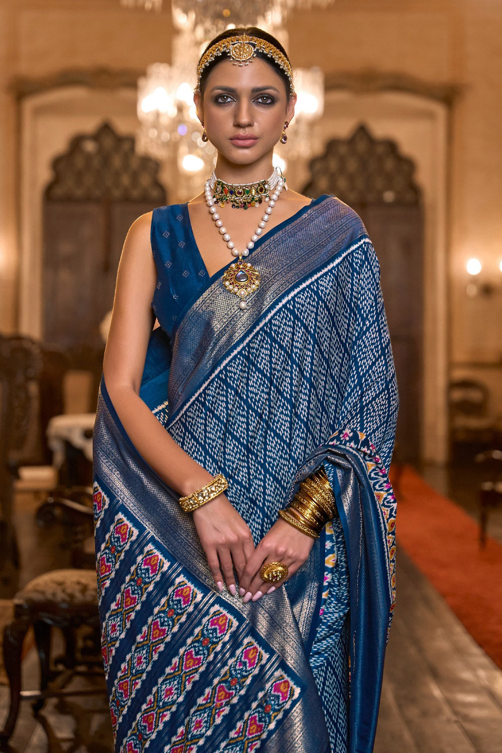 Blue Patola Silk Saree With Zari Weaving