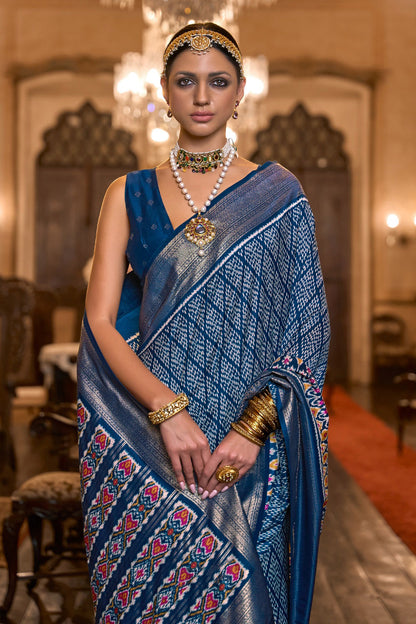 Blue Patola Silk Saree With Zari Weaving