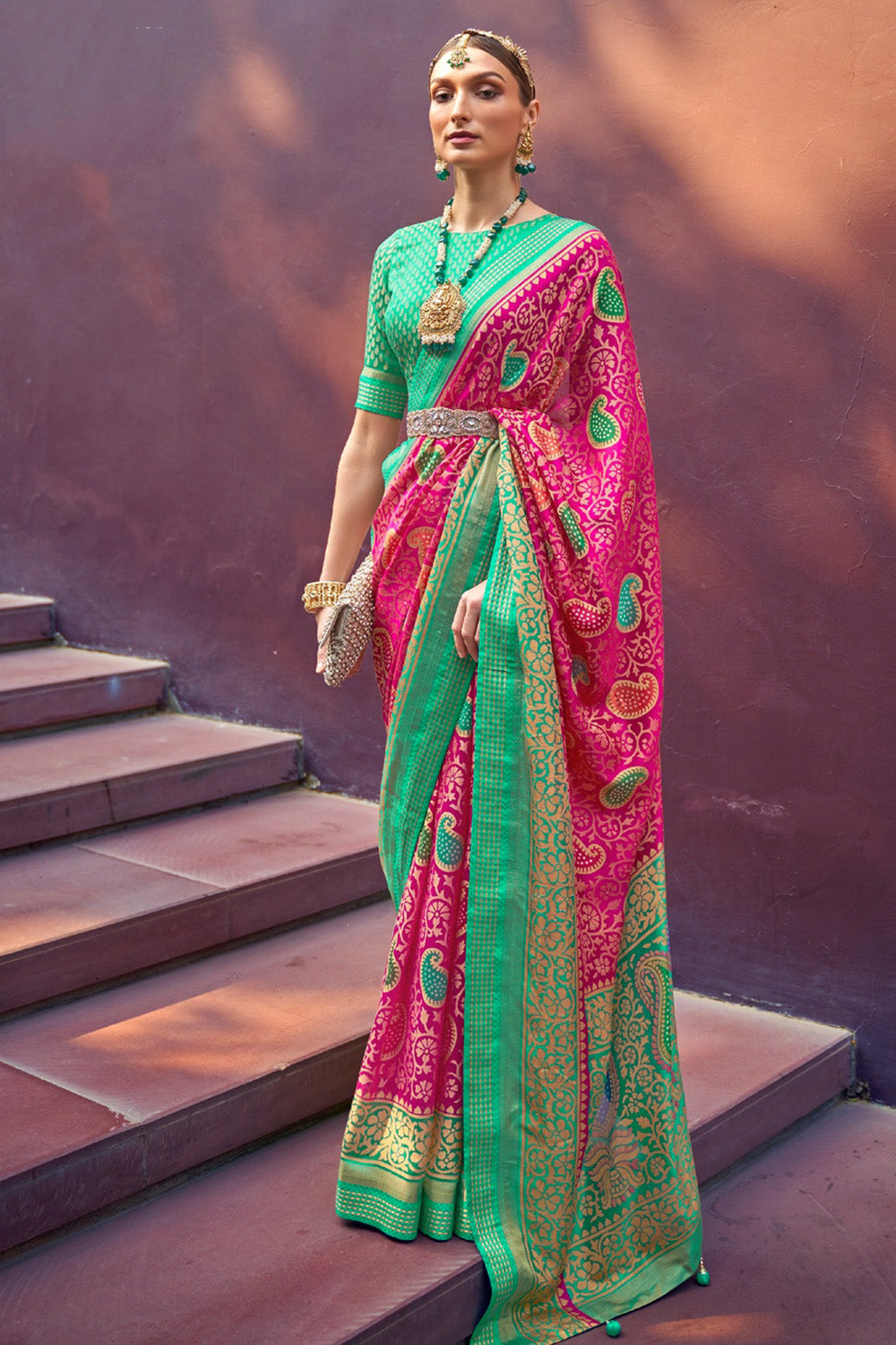 Rani Pink Bandhej Printed Brasso Silk Saree