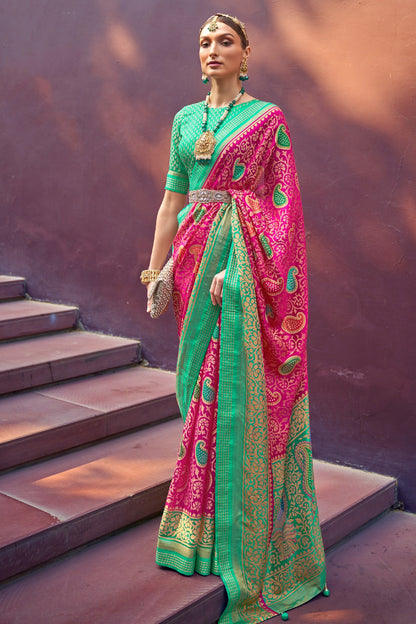 Rani Pink Bandhej Printed Brasso Silk Saree
