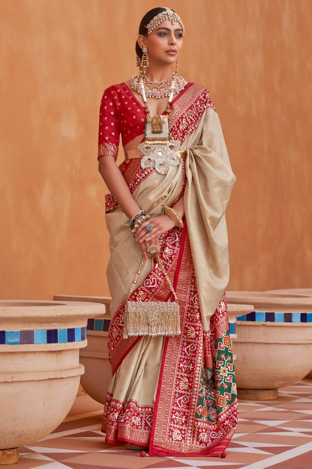 Beige Patola Silk Saree With Weaving Work