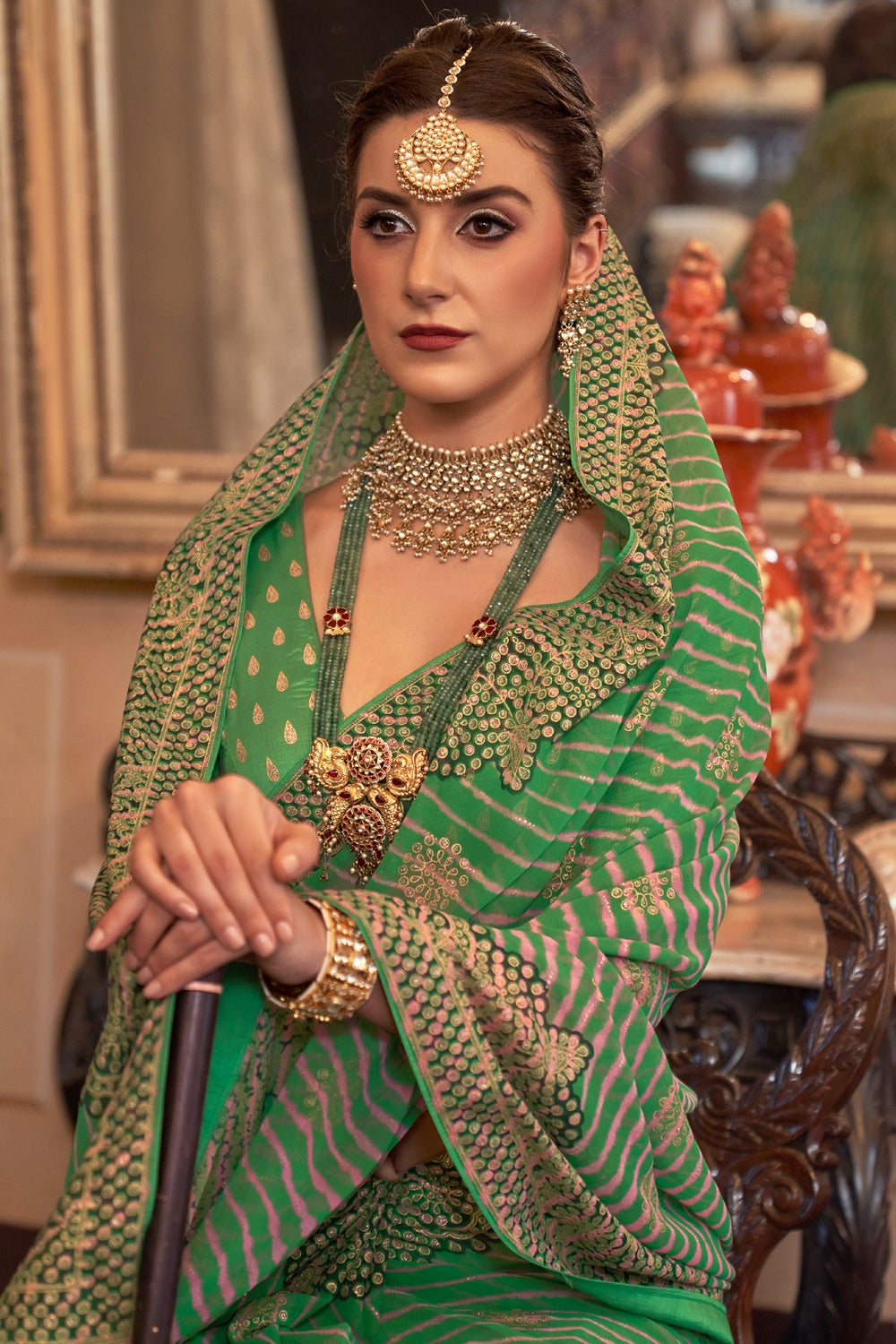 Green Georgette Leheriya Printed Saree