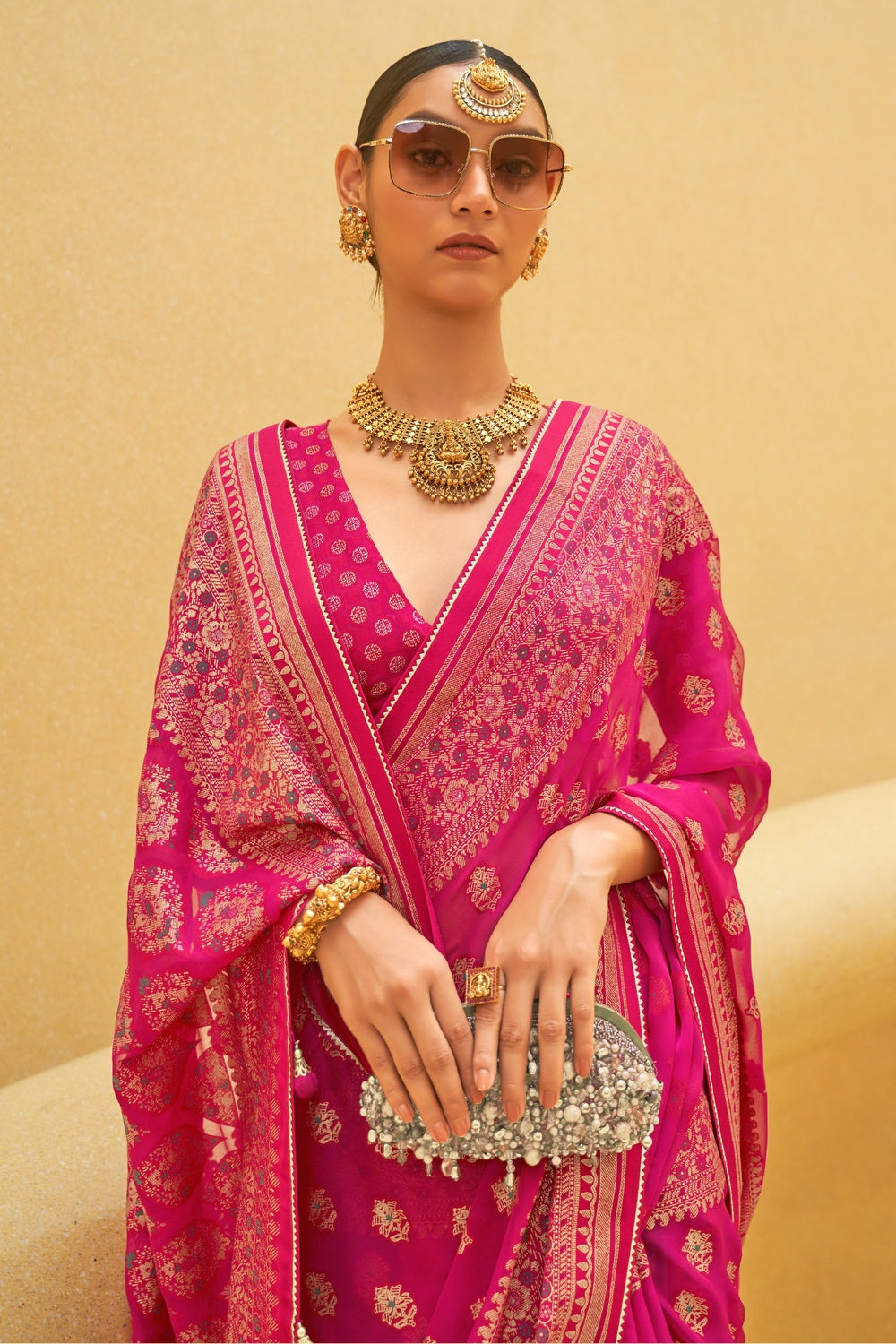Rani Pink Organza Saree With Zari Weaving Work