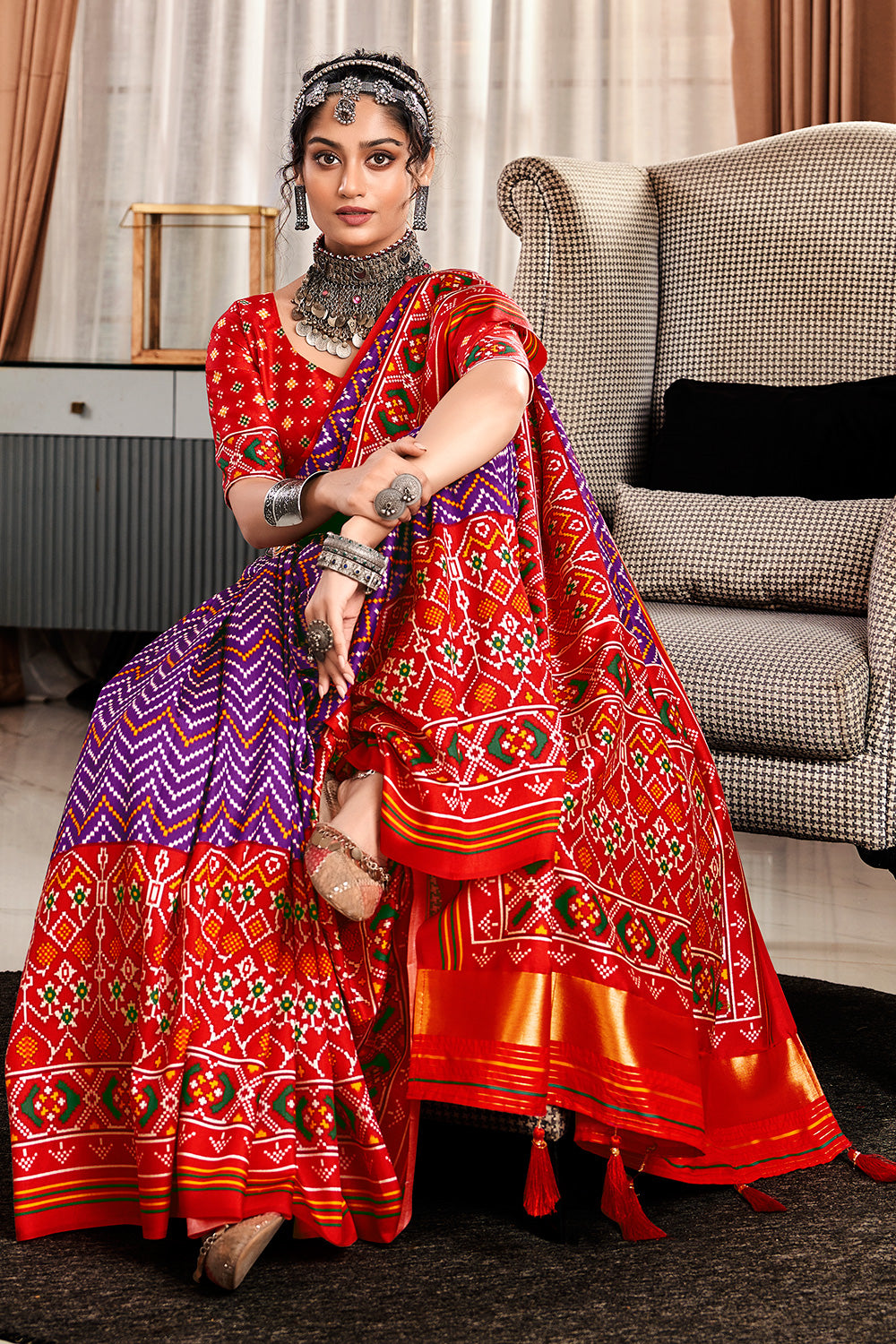Red &amp; Violet Patola Silk With Printed Saree