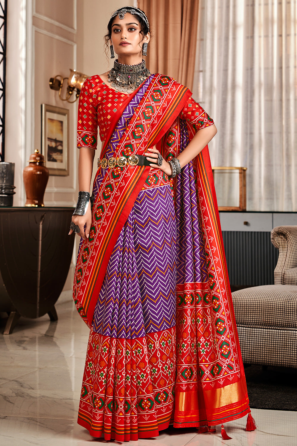 Red &amp; Violet Patola Silk With Printed Saree