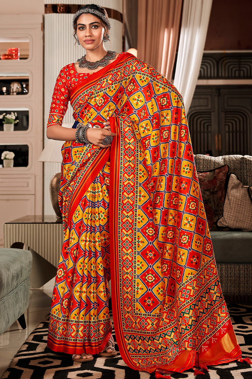 Candy Red Patola Silk With Printed Saree
