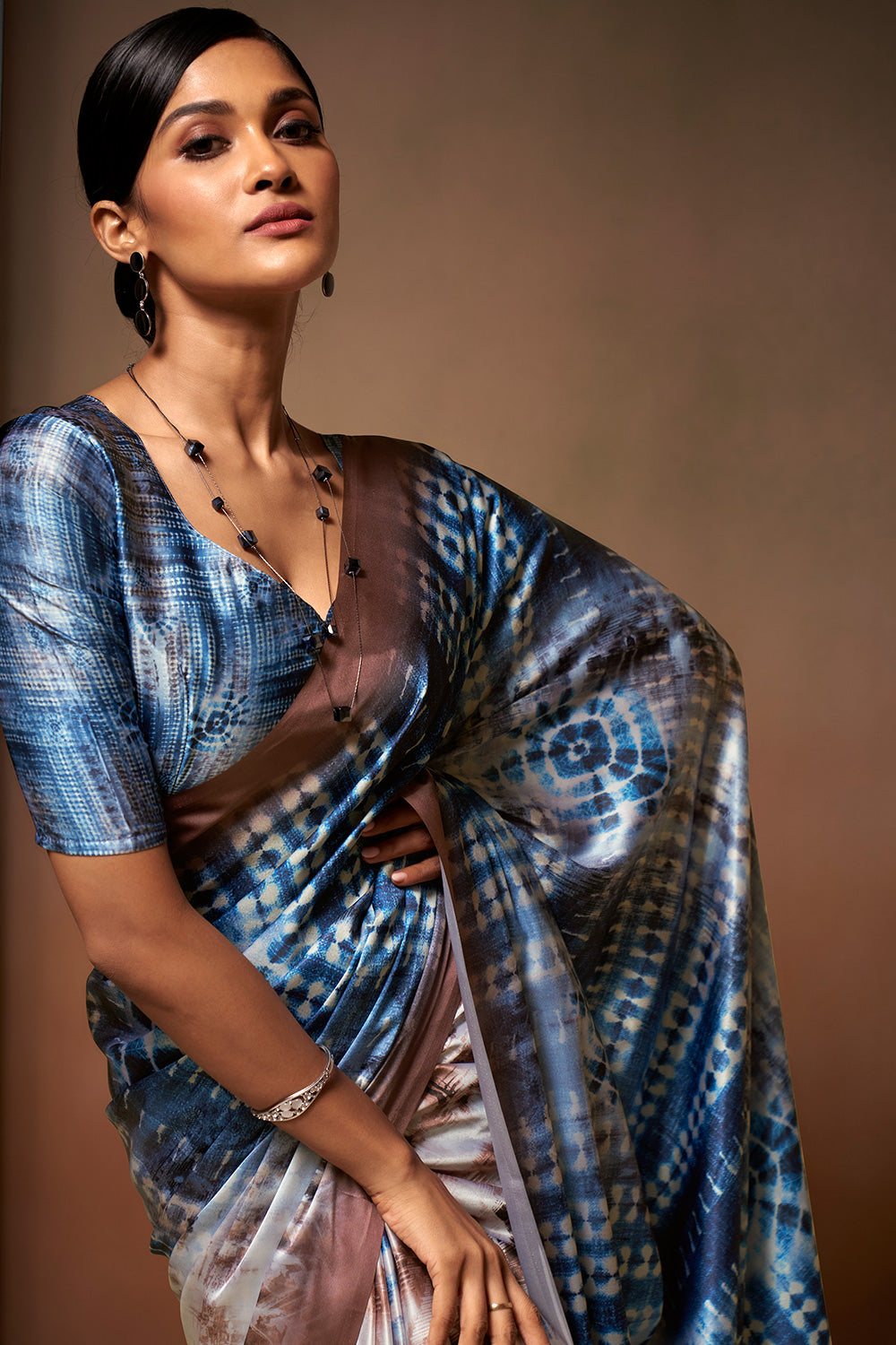Blue &amp; Light Brown Satin Saree With Digital Printed Work