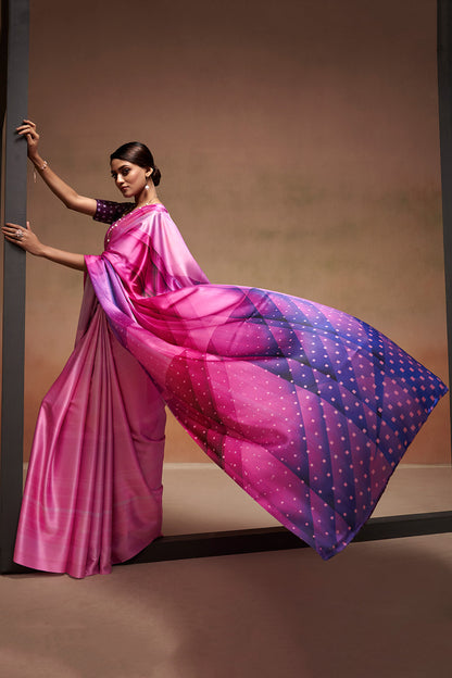 Pink Satin Saree With Digital Printed Work