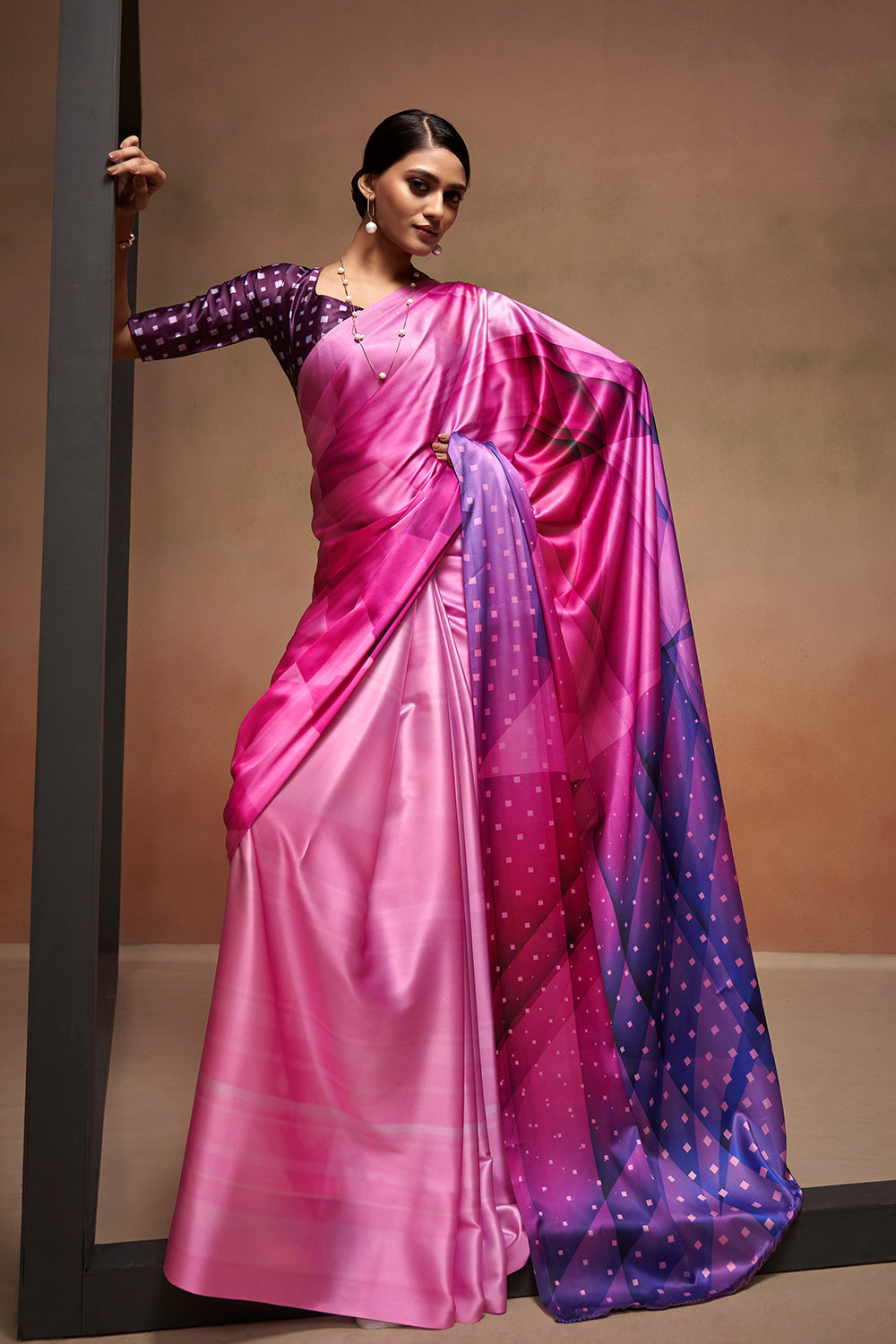 Pink Satin Saree With Digital Printed Work