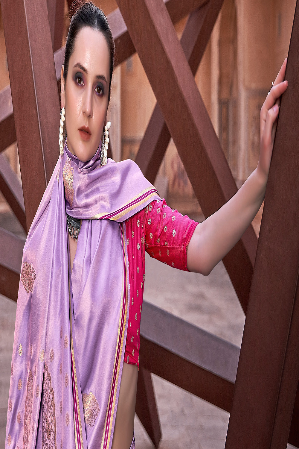 Lavender Satin Silk Saree With Zari Weaving Work