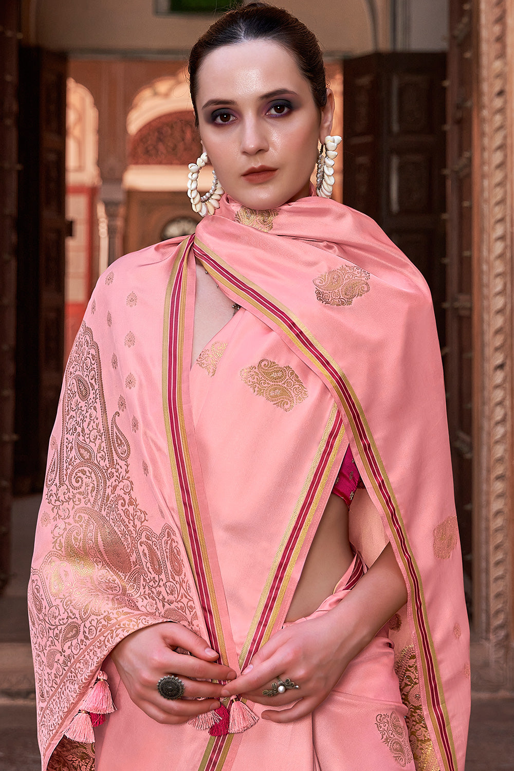 Baby Pink Satin Silk Saree With Zari Weaving Work