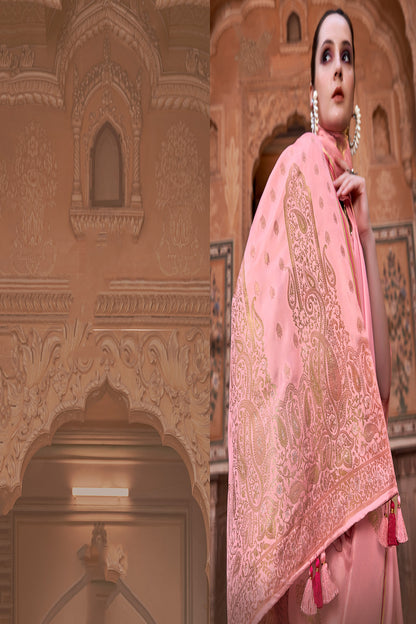 Baby Pink Satin Silk Saree With Zari Weaving Work