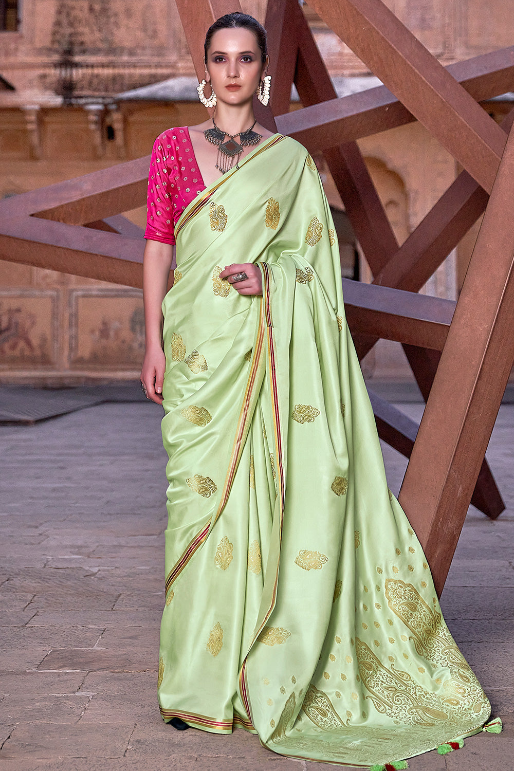 Light Green Satin Silk Saree With Zari Weaving Work