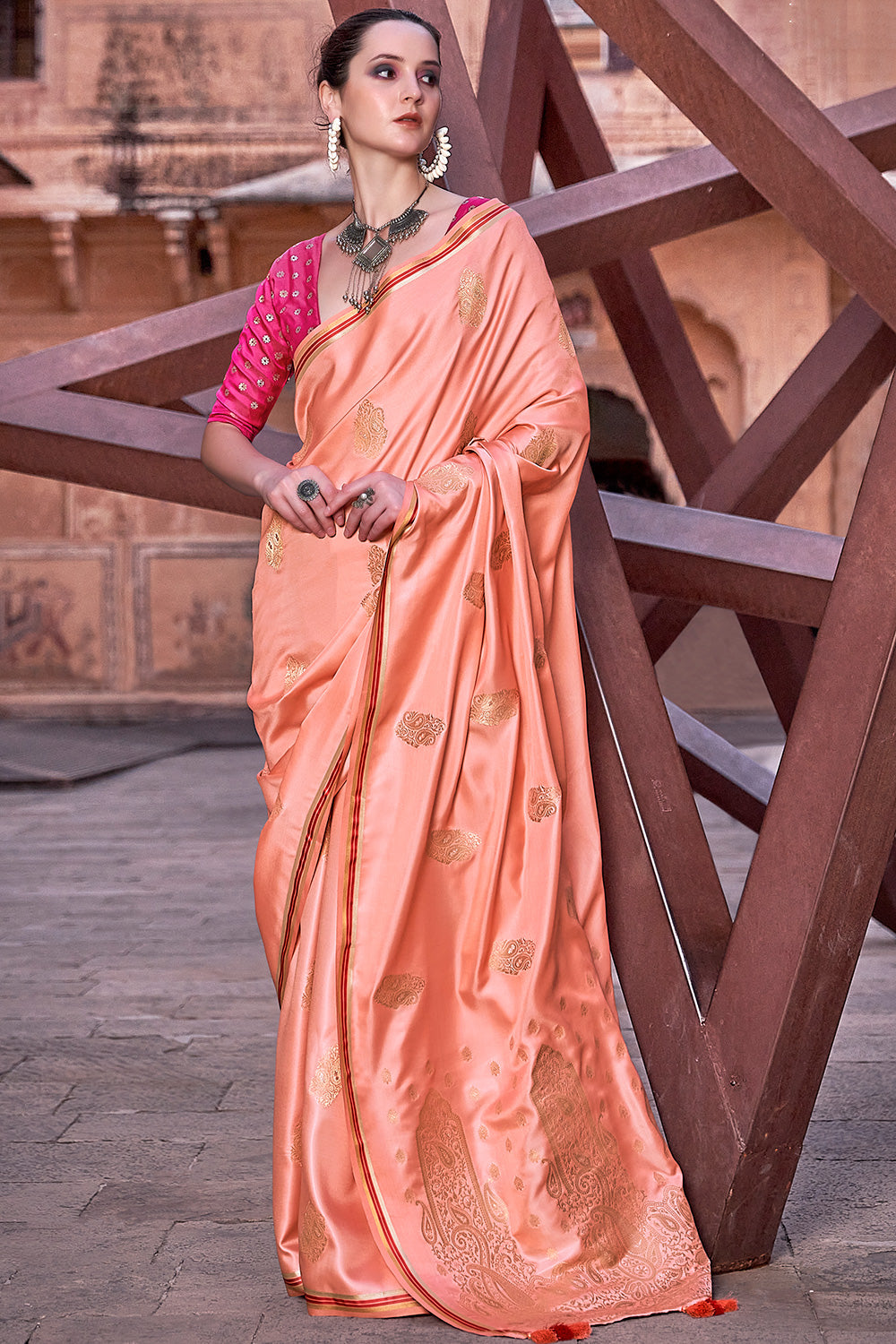 Peach Satin Silk Saree With Zari Weaving Work