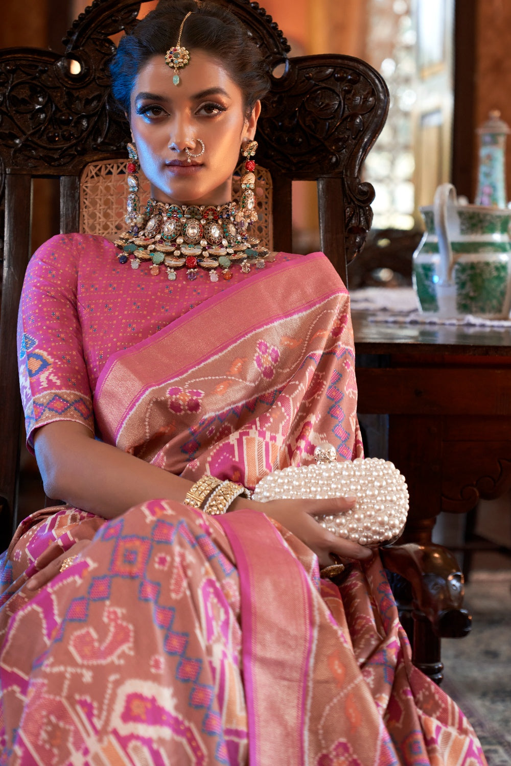 Rose Pink Tussar Silk Saree With Digital Printed