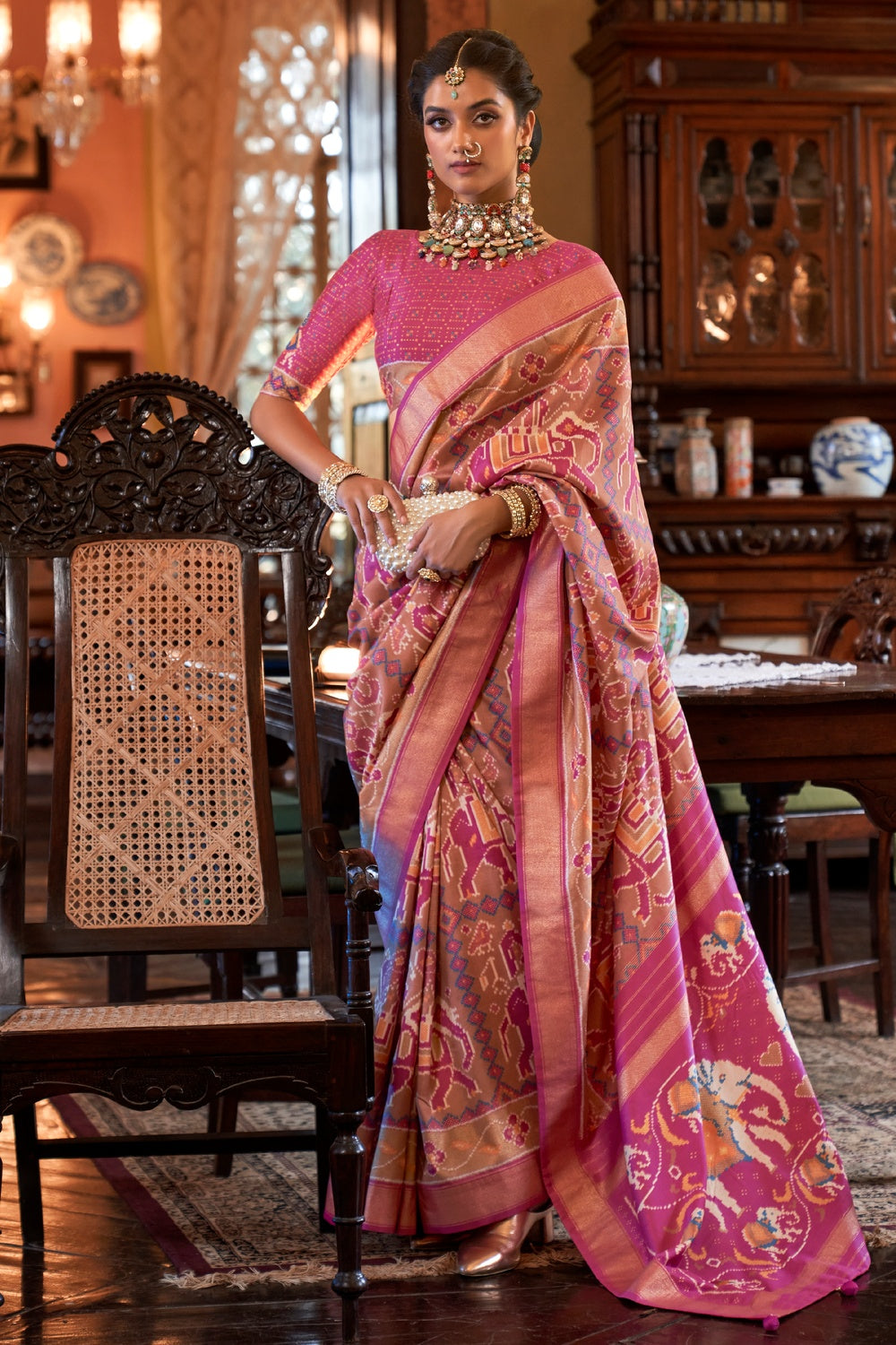 Rose Pink Tussar Silk Saree With Digital Printed