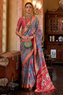 Steel Blue & Dark Pink Tussar Silk Saree With Digital Printed
