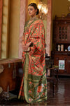 Light Orange & Green Tussar Silk Saree With Digital Printed