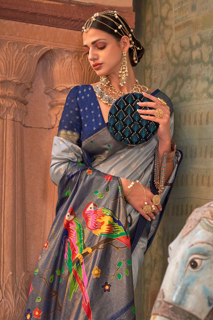 Gray Paithani Silk Saree With Zari Weaving Work
