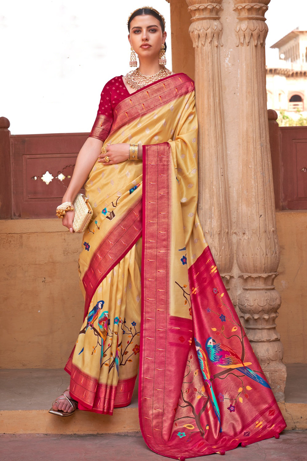 Light Yellow Paithani Patola Silk Saree With Weaving Work