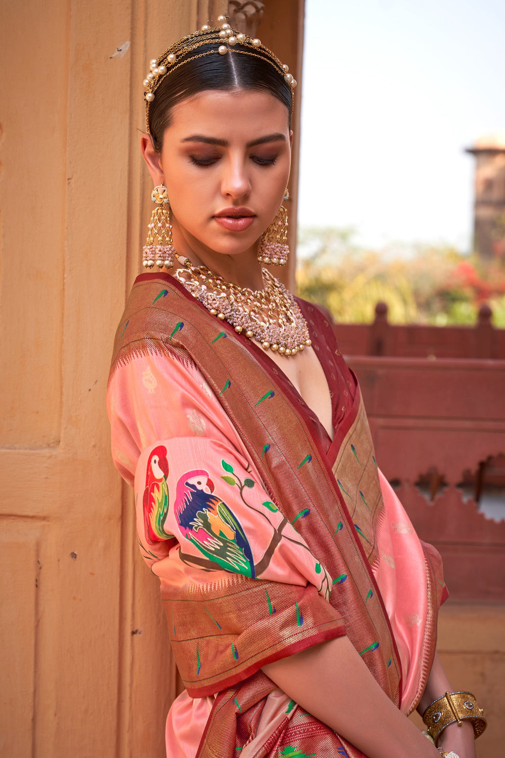 Light Pink Silk Paithani Patola Saree With Weaving Work
