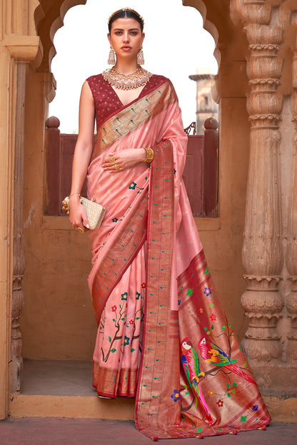Light Pink Silk Paithani Patola Saree With Weaving Work